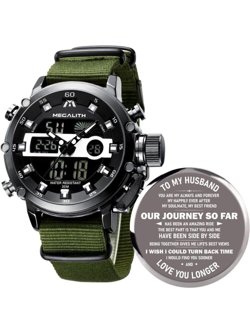 Men's Black And Green Analog Nylon Strap Waterproof Multifunction Digital Watch
